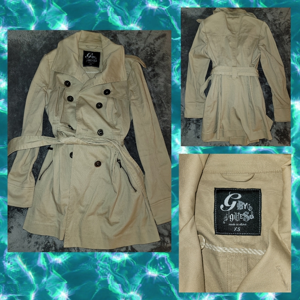 G by Guess Tan Double Breasted Mid-Length Trench Coat w/Belt - Size: X-Small